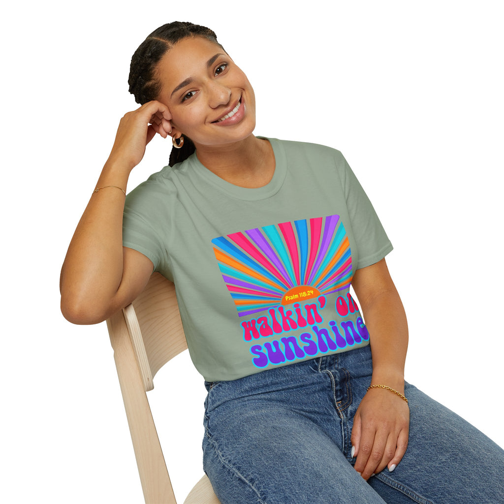 Walkin' On Sunshine Lords Glory with Lori Psalm 118:24 Retro T-Shirt — 70s Rainbow Sun Graphic Tee