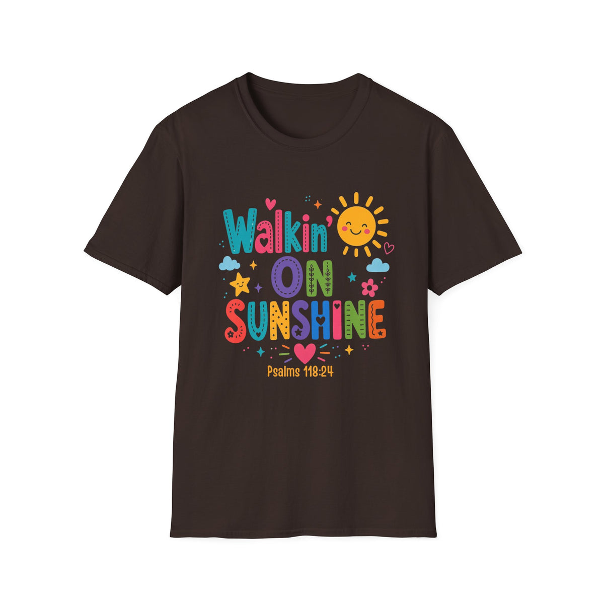 T-Shirt — "Walkin' on Sunshine" Bright Retro Sun Graphic Tee ‭‭Psalms‬ ‭118‬:‭24‬ ‭