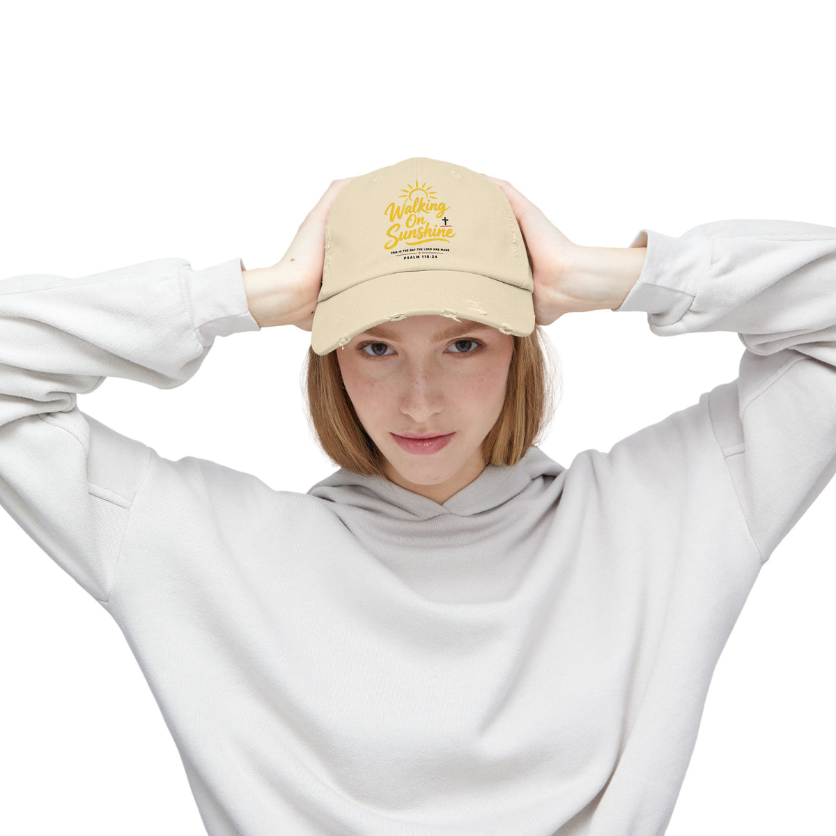 Walking on Sunshine Distressed Cap – Christian Sunshine Baseball Hat (Psalm 118:24)