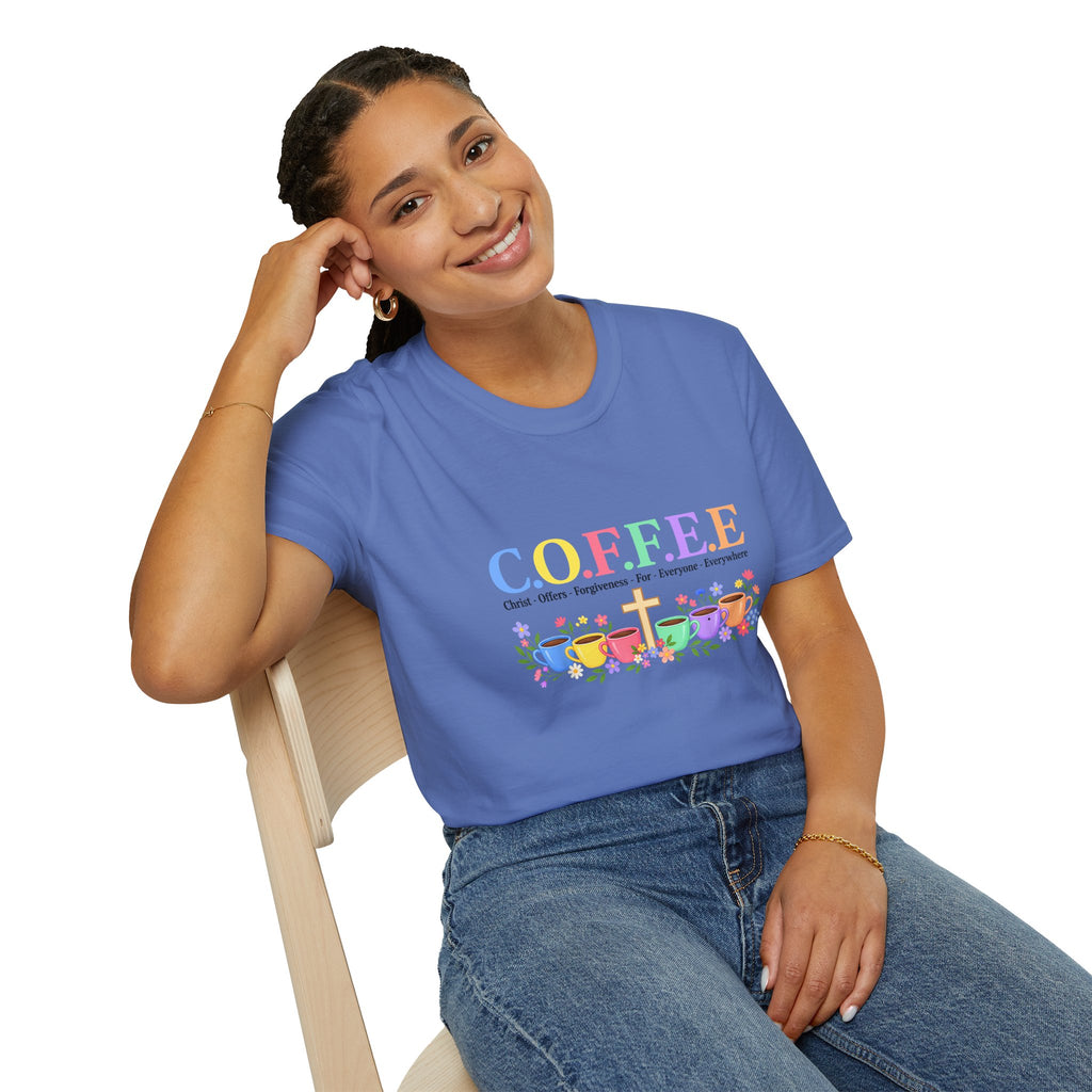 Coffee Lover Floral Graphic - C.o.f.f.e.e. (Christ - Offers - Forgiveness - For Everyone - Everywhere)  Softstyle T-Shirt