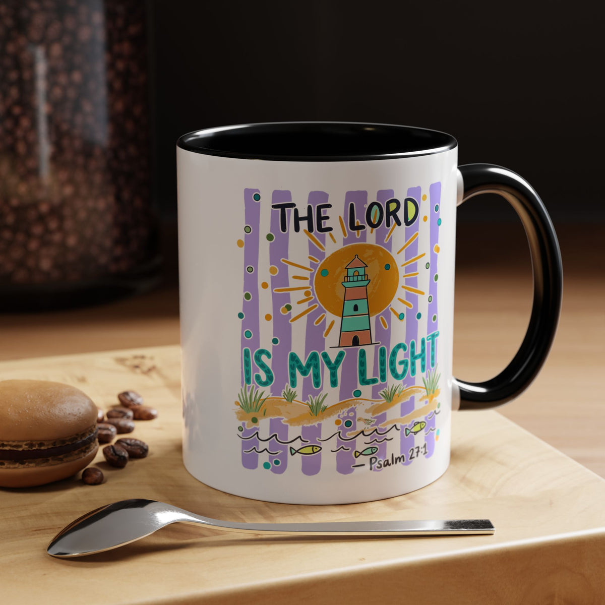 Accent Coffee Mug — “The Lord Is My Light” Lighthouse Bible Verse (Psalm 27:1)