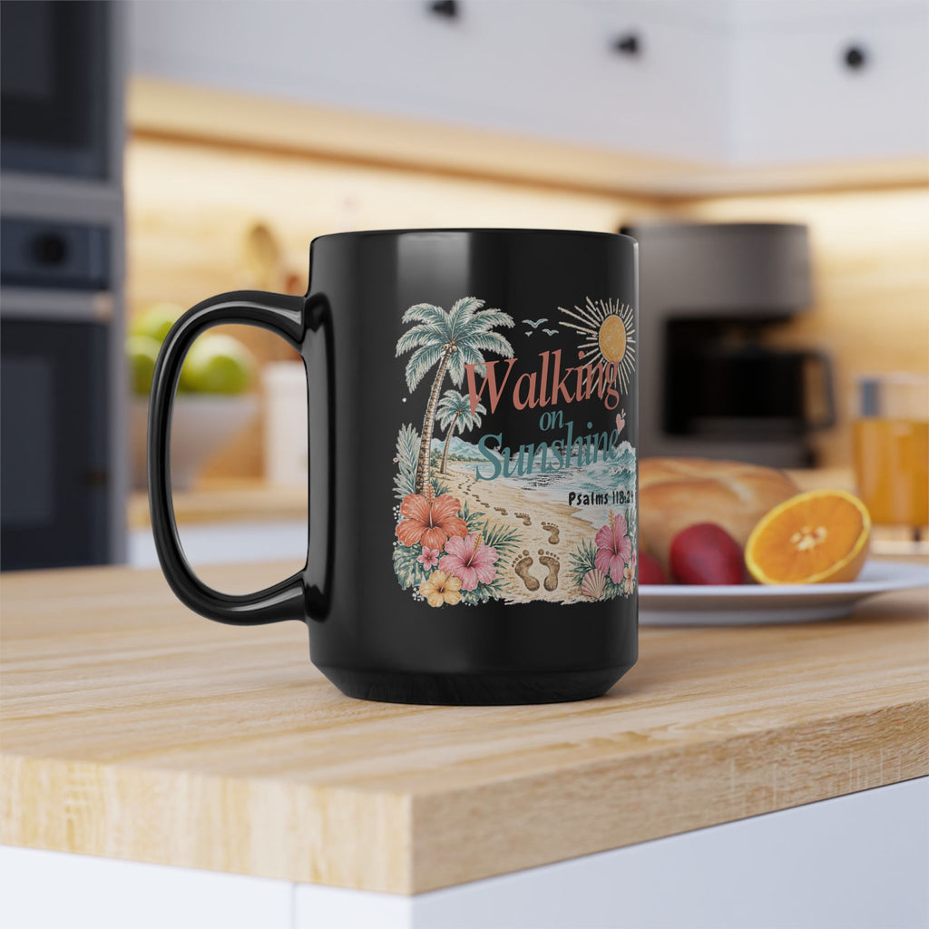 Walking on Sunshine Black Mug — Inspirational Palm Beach Coffee Cup (Psalm 118:24)