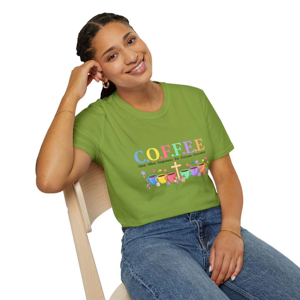Coffee Lover Floral Graphic - C.o.f.f.e.e. (Christ - Offers - Forgiveness - For Everyone - Everywhere)  Softstyle T-Shirt