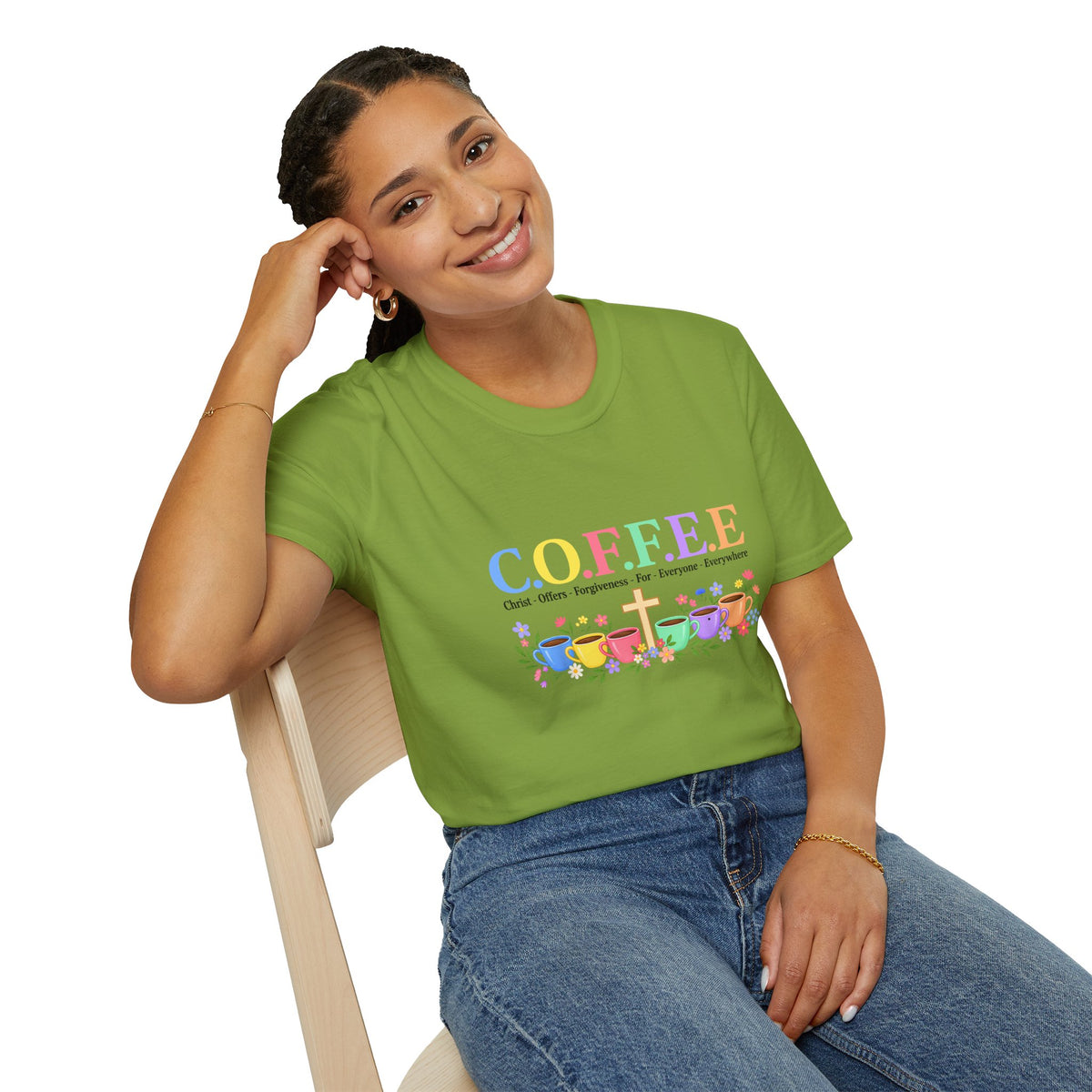 Coffee Lover Floral Graphic - C.o.f.f.e.e. (Christ - Offers - Forgiveness - For Everyone - Everywhere)  Softstyle T-Shirt