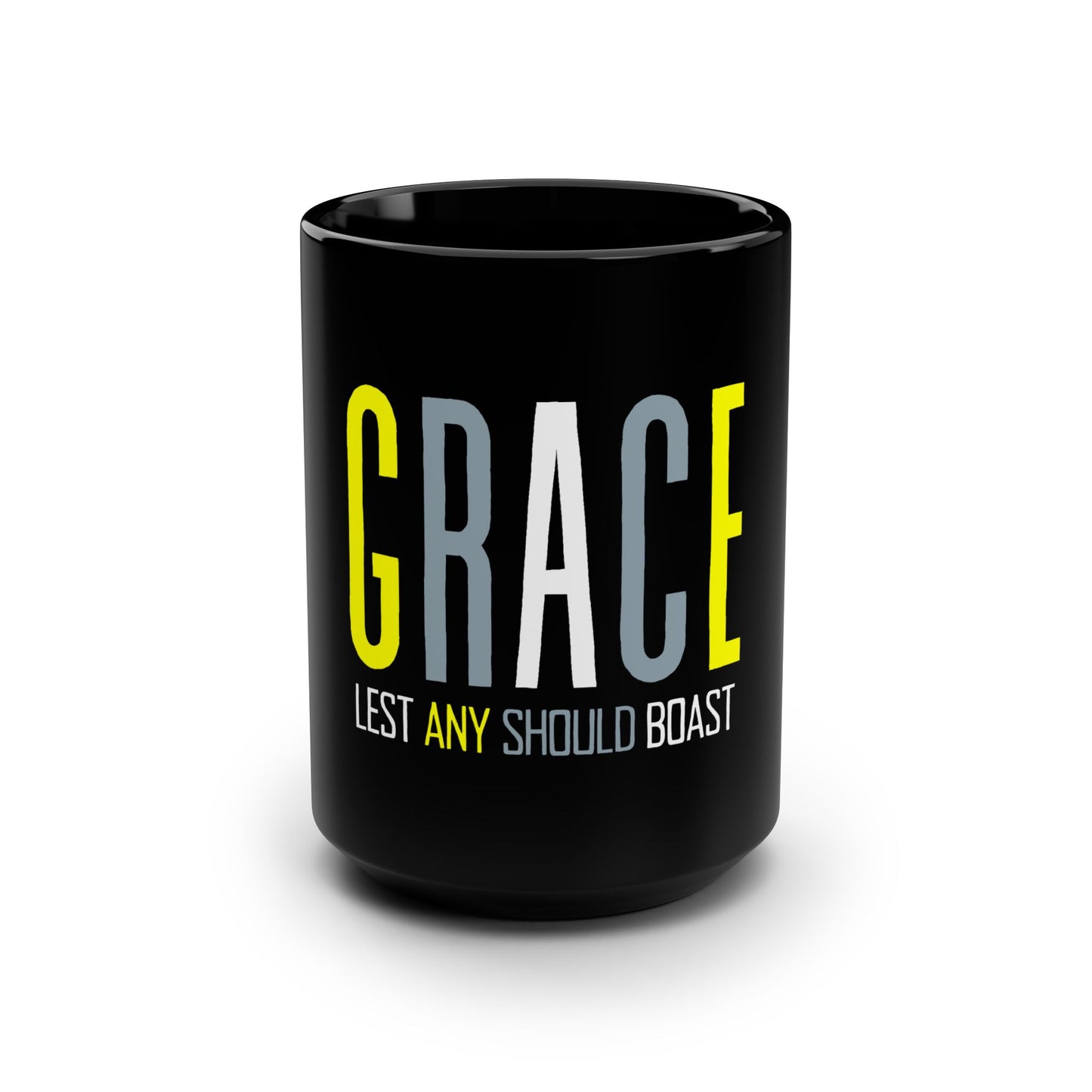 GRACE Lest Any Should Boast - Black Mug, 15oz