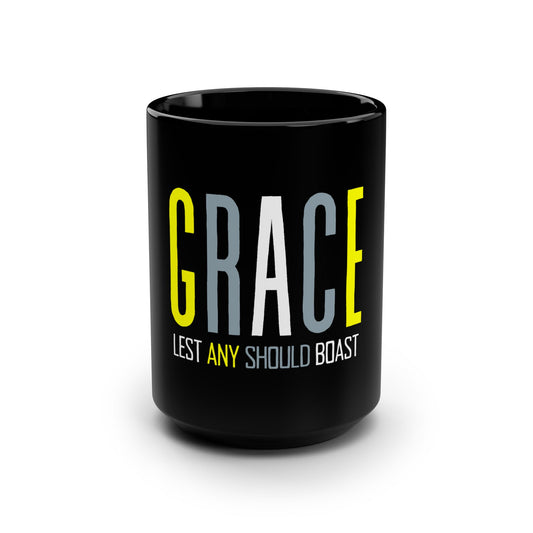 GRACE Lest Any Should Boast - Black Mug, 15oz