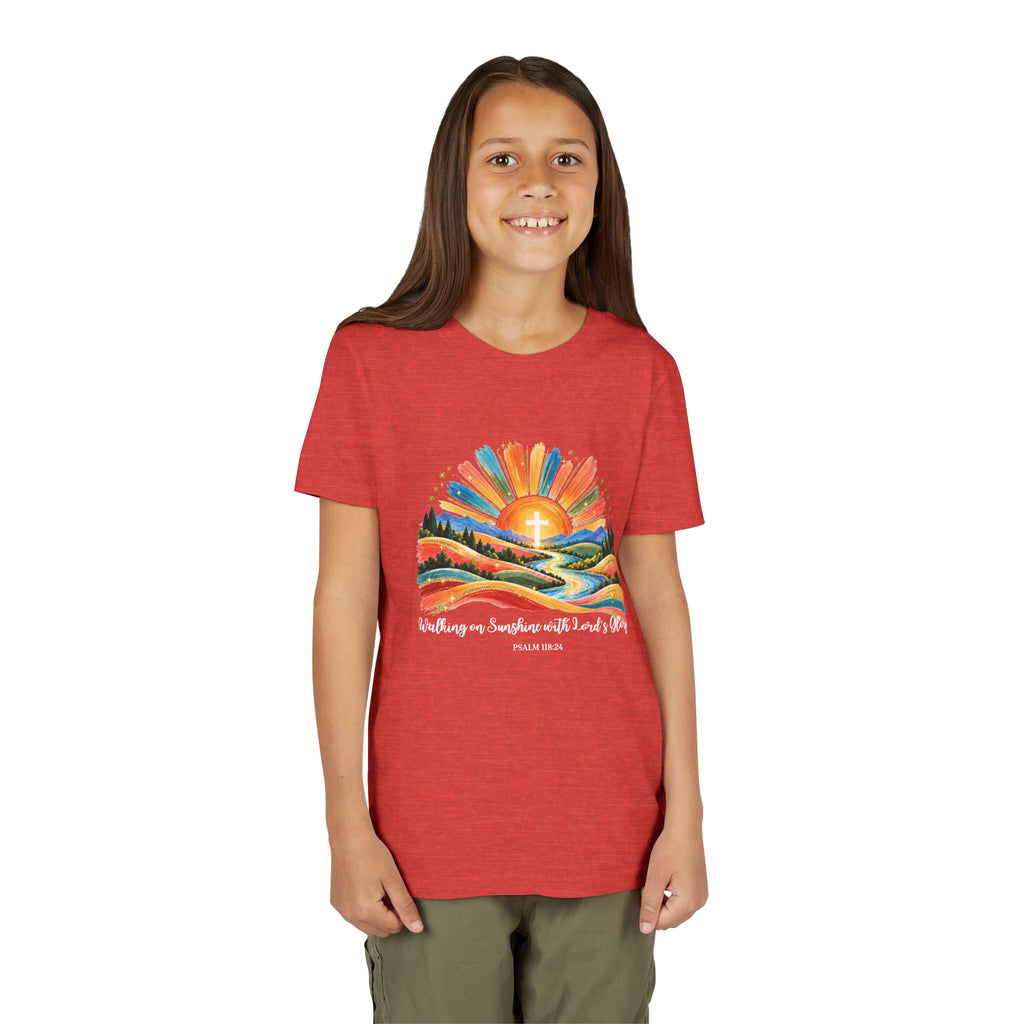 Youth Short Sleeve Tee – Walking On Sunshine with Lords Colorful Christian Sunrise Faith Shirt