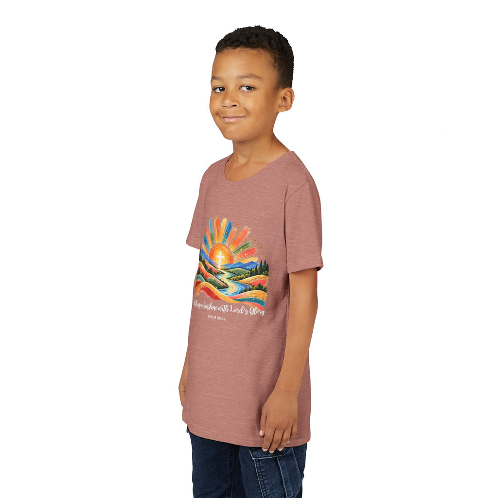 Youth Short Sleeve Tee – Walking On Sunshine with Lords Colorful Christian Sunrise Faith Shirt