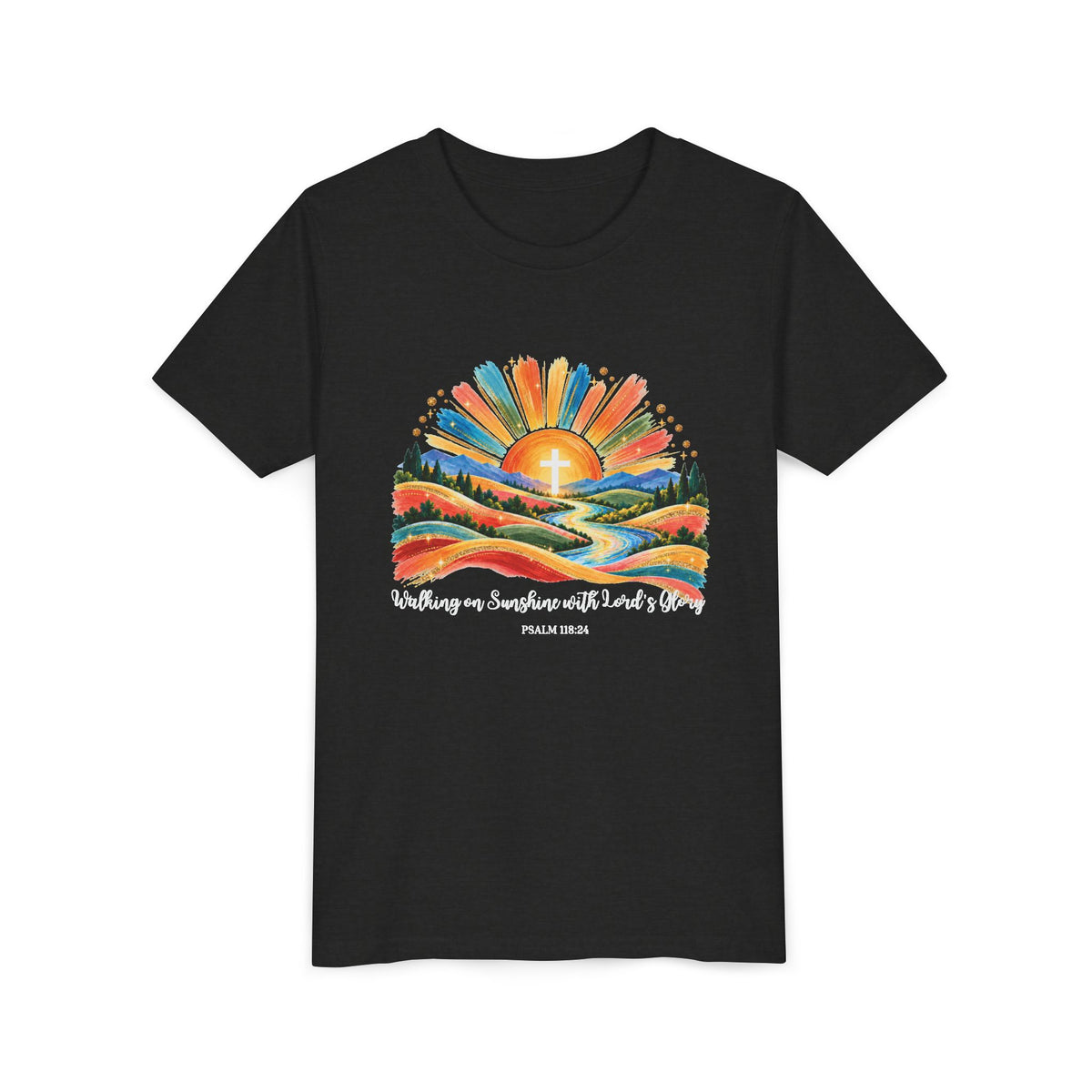 Youth Short Sleeve Tee – Walking On Sunshine with Lords Colorful Christian Sunrise Faith Shirt