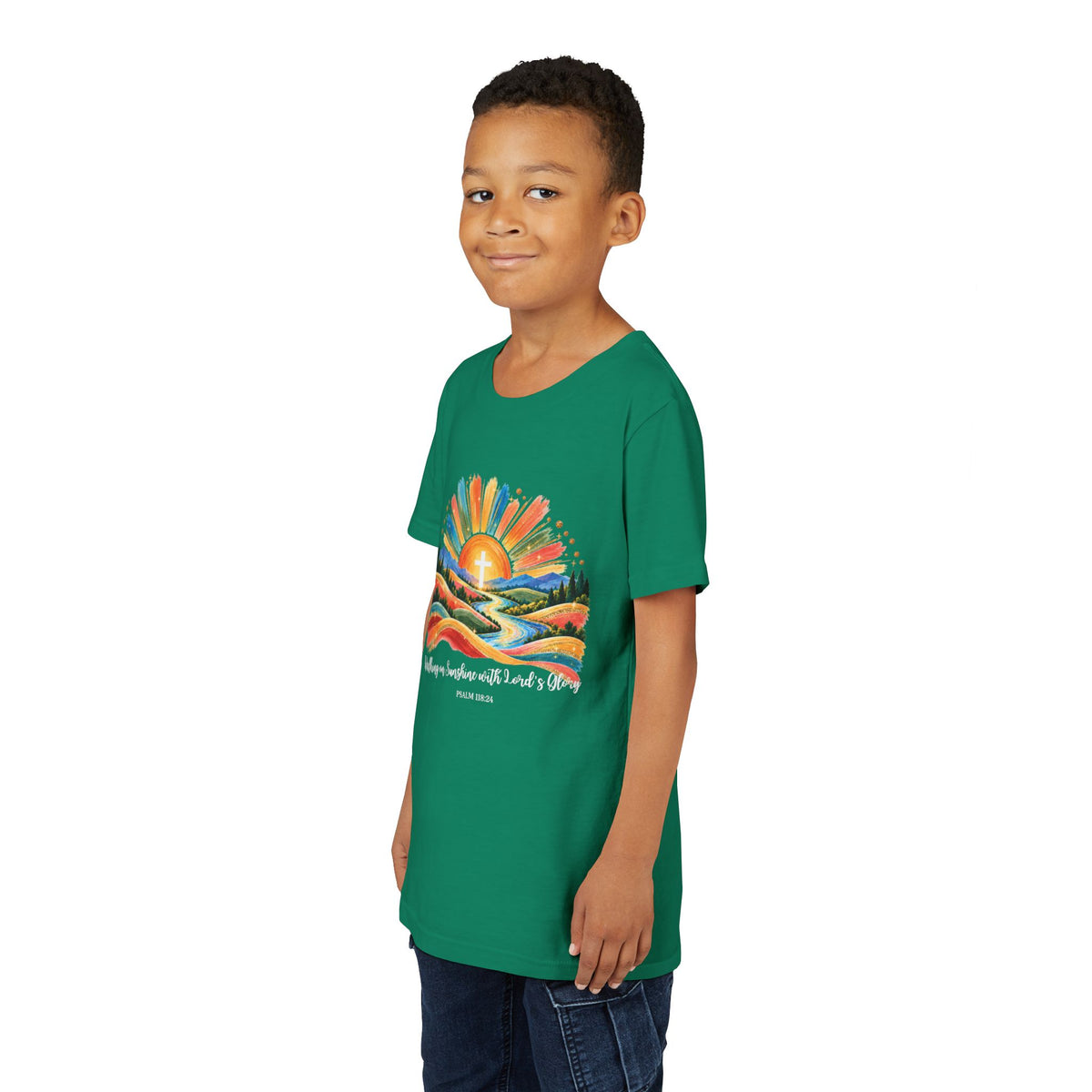 Youth Short Sleeve Tee – Walking On Sunshine with Lords Colorful Christian Sunrise Faith Shirt