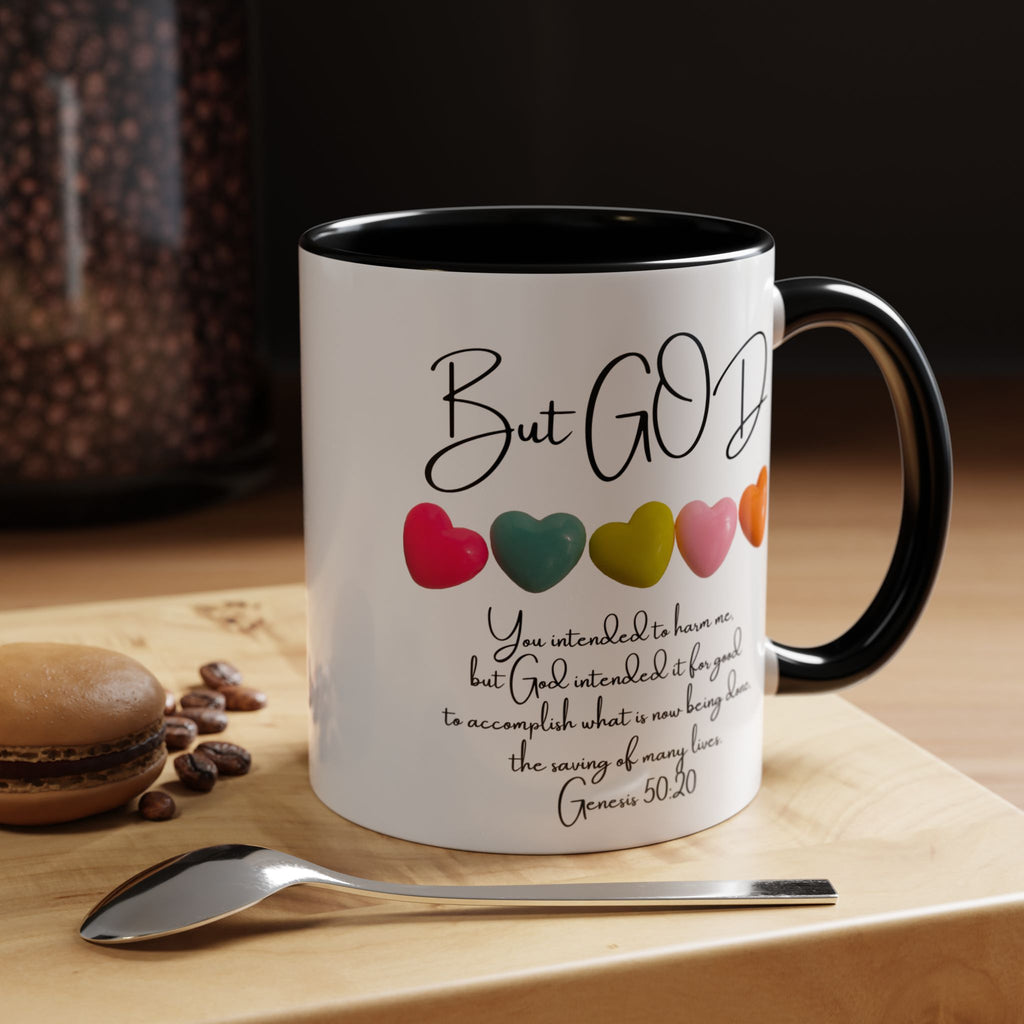 But God Scripture Coffee Mug — Genesis 50:20 Inspirational Heart Accent Mug (11/15oz)