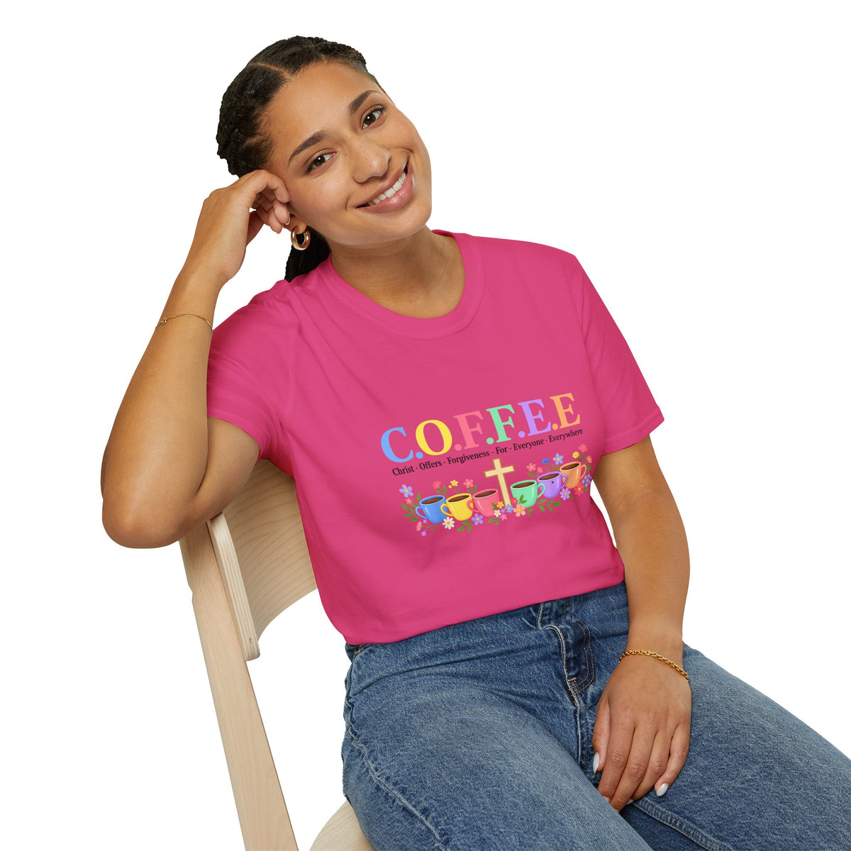 Coffee Lover Floral Graphic - C.o.f.f.e.e. (Christ - Offers - Forgiveness - For Everyone - Everywhere)  Softstyle T-Shirt