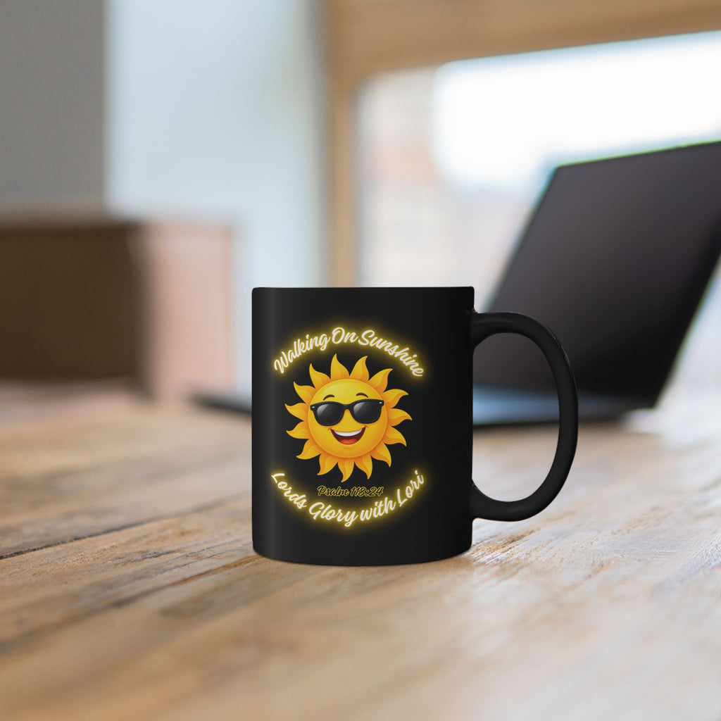 Walking On Sunshine Black Mug — Sunny Smiley Sun with Sunglasses, "Loved Glory with Love" Coffee Cup (11oz/15oz)