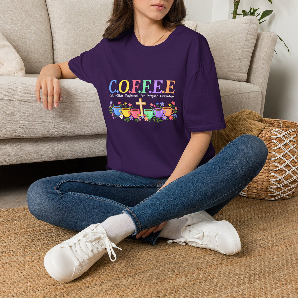 Coffee Lover Floral Graphic - C.o.f.f.e.e. (Christ - Offers - Forgiveness - For Everyone - Everywhere)  Softstyle T-Shirt
