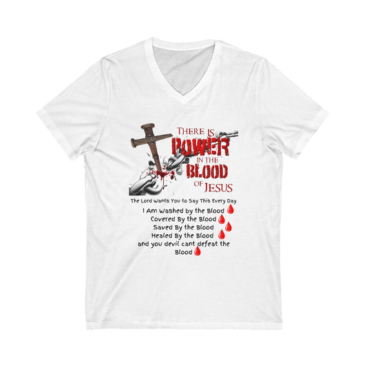 Saved by the Blood, The Power of the Blood, Woman's Jersey Short Sleeve V-Neck Tee