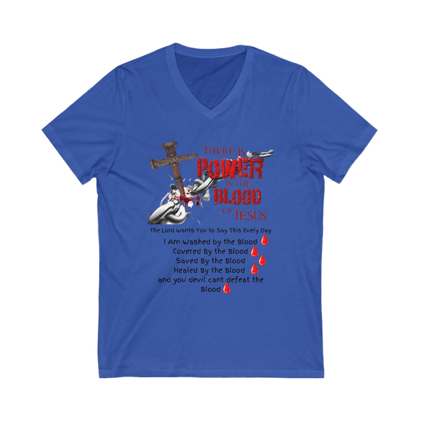 Saved by the Blood, The Power of the Blood, Woman's Jersey Short Sleeve V-Neck Tee