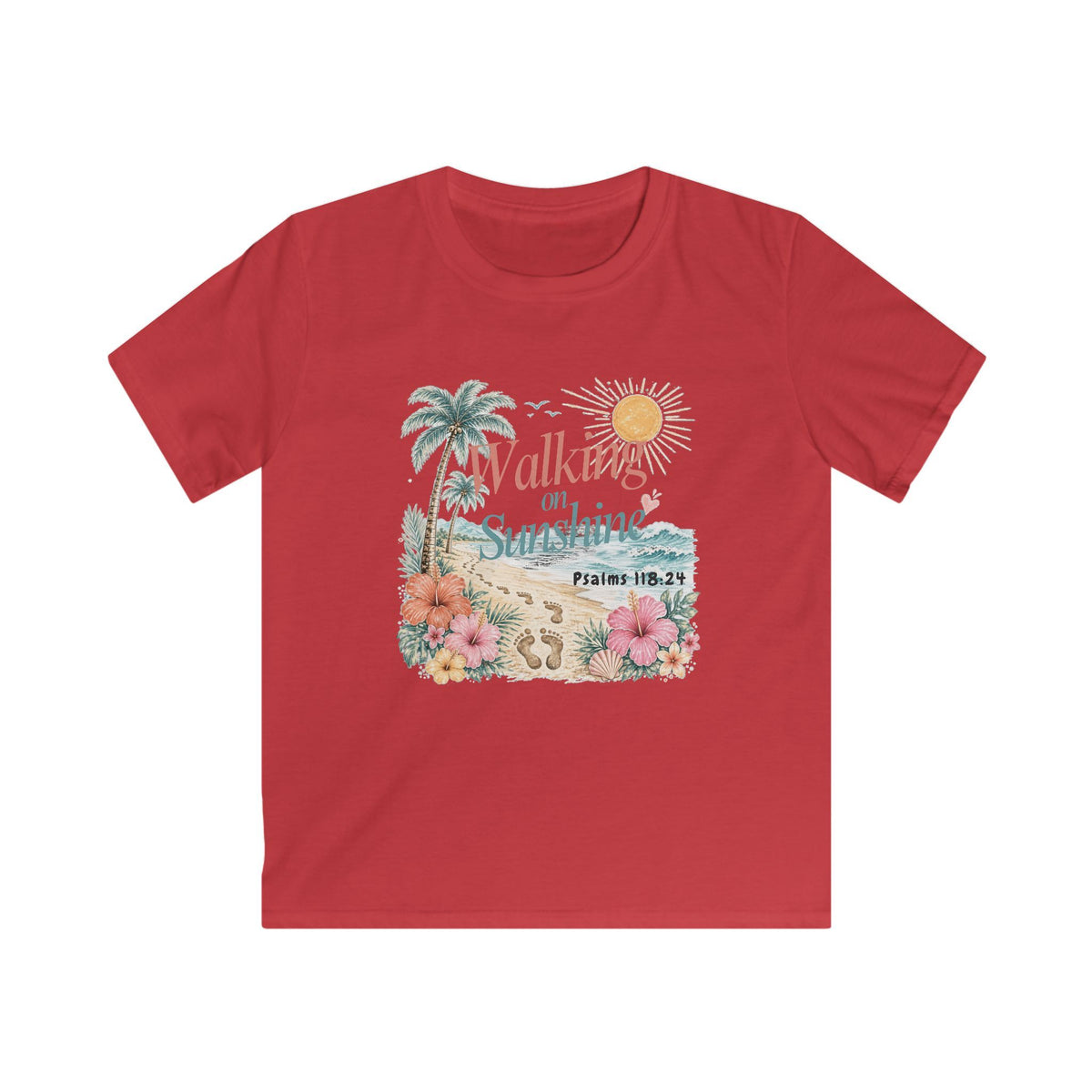 Kids Tee — "Walking in Sunshine" Floral Palm Beach Christian T‑Shirt (Psalm 118:24)