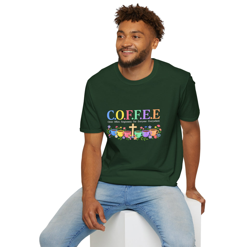 Coffee Lover Floral Graphic - C.o.f.f.e.e. (Christ - Offers - Forgiveness - For Everyone - Everywhere)  Softstyle T-Shirt