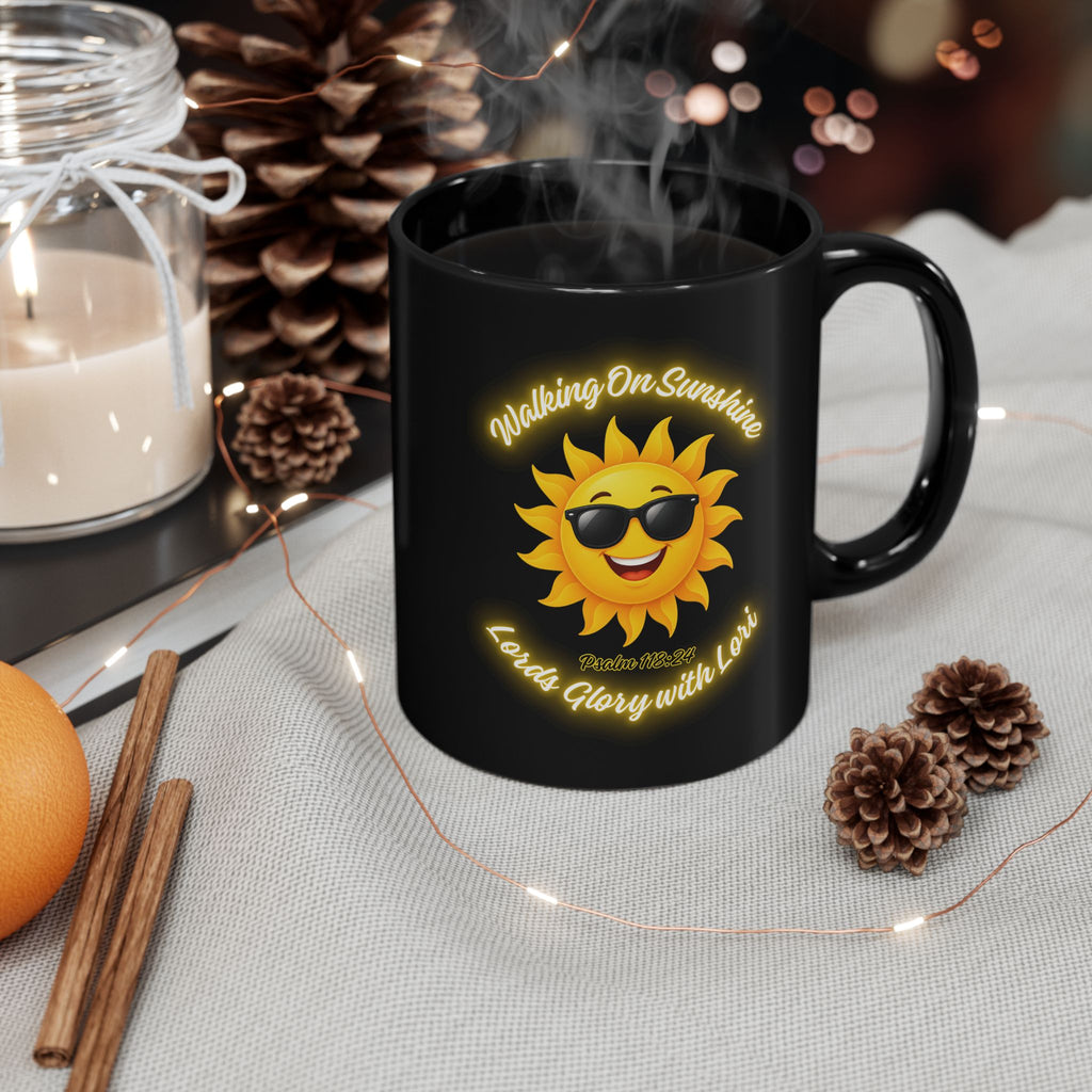 Walking On Sunshine Black Mug — Sunny Smiley Sun with Sunglasses, "Loved Glory with Love" Coffee Cup (11oz/15oz)
