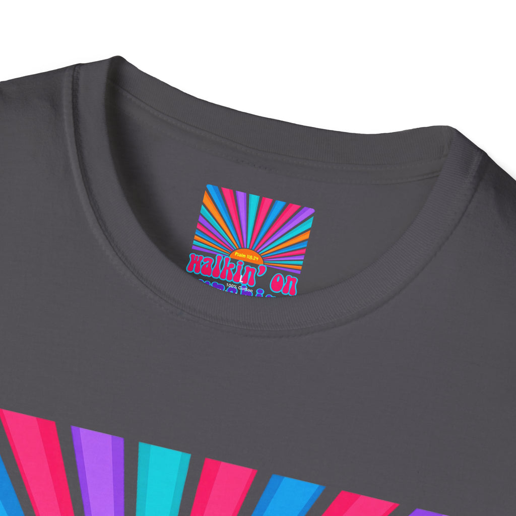 Walkin' On Sunshine Lords Glory with Lori Psalm 118:24 Retro T-Shirt — 70s Rainbow Sun Graphic Tee
