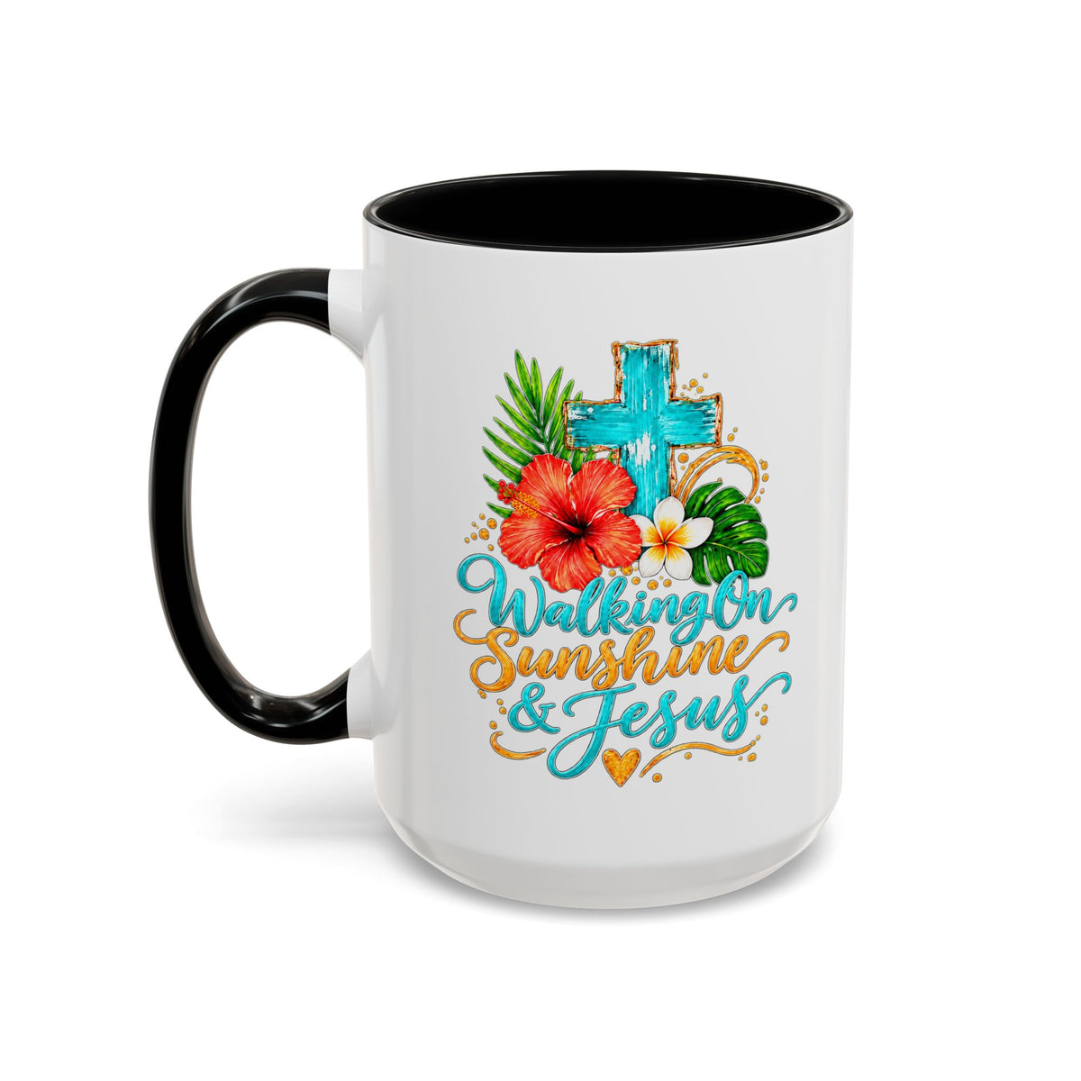 Walking on Sunshine & Jesus Coffee Mug – Floral Cross Accent Mug