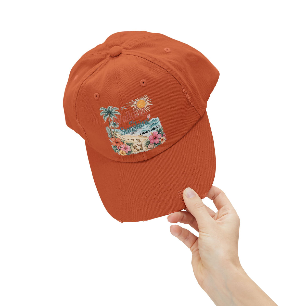 Distressed Cap — "Walk on Sunshine" Tropical Beach Baseball Hat Psalms 118:24