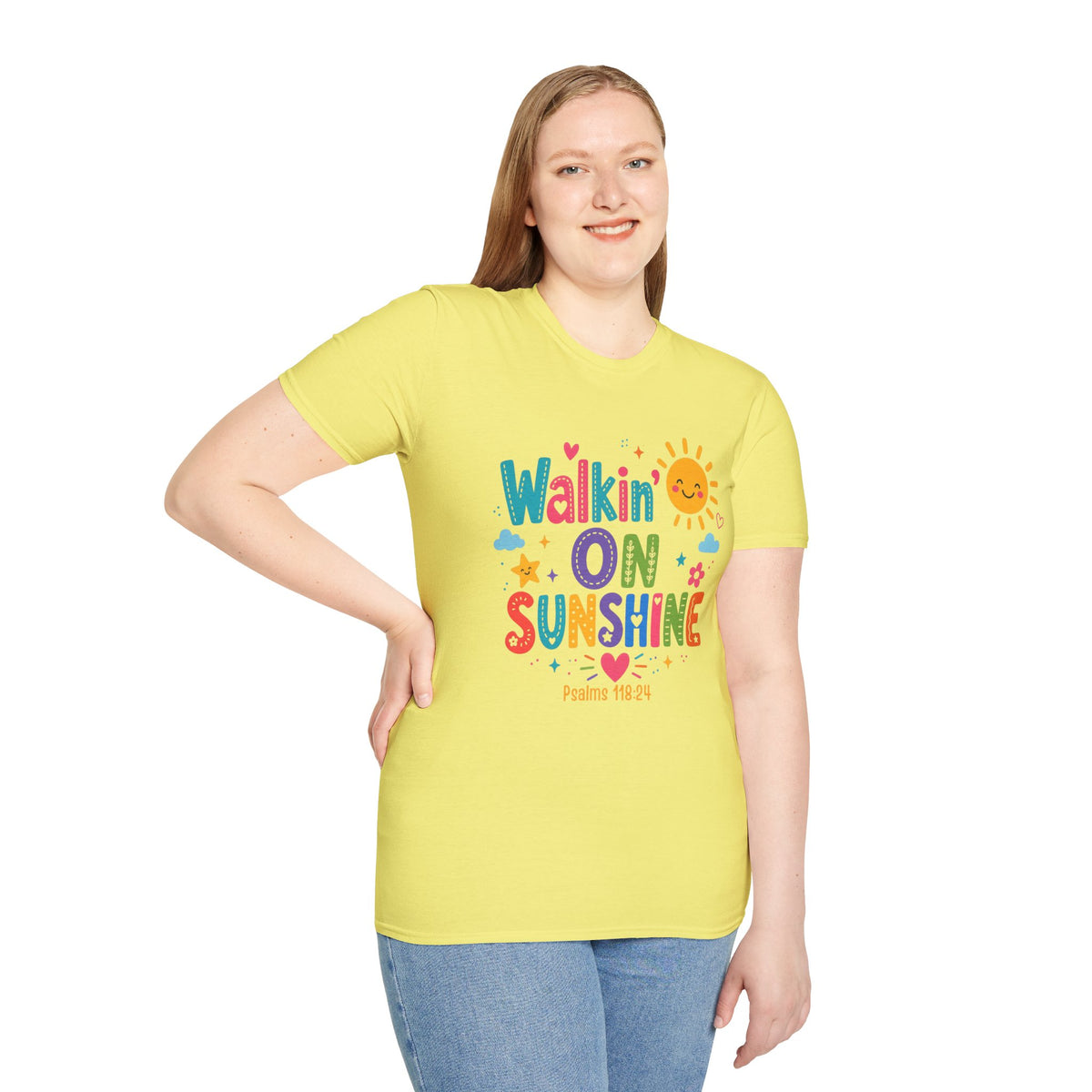 T-Shirt — "Walkin' on Sunshine" Bright Retro Sun Graphic Tee ‭‭Psalms‬ ‭118‬:‭24‬ ‭