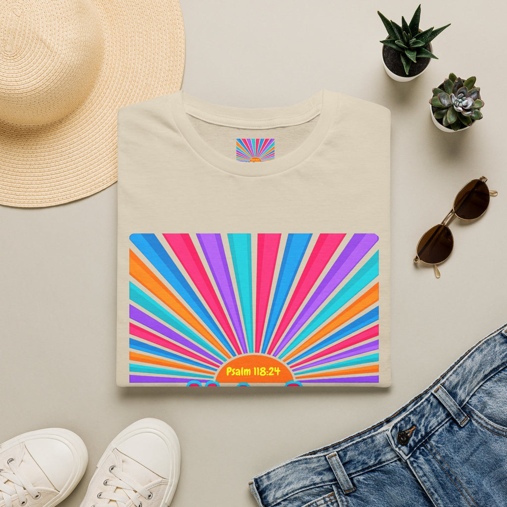 Walkin' On Sunshine Lords Glory with Lori Psalm 118:24 Retro T-Shirt — 70s Rainbow Sun Graphic Tee