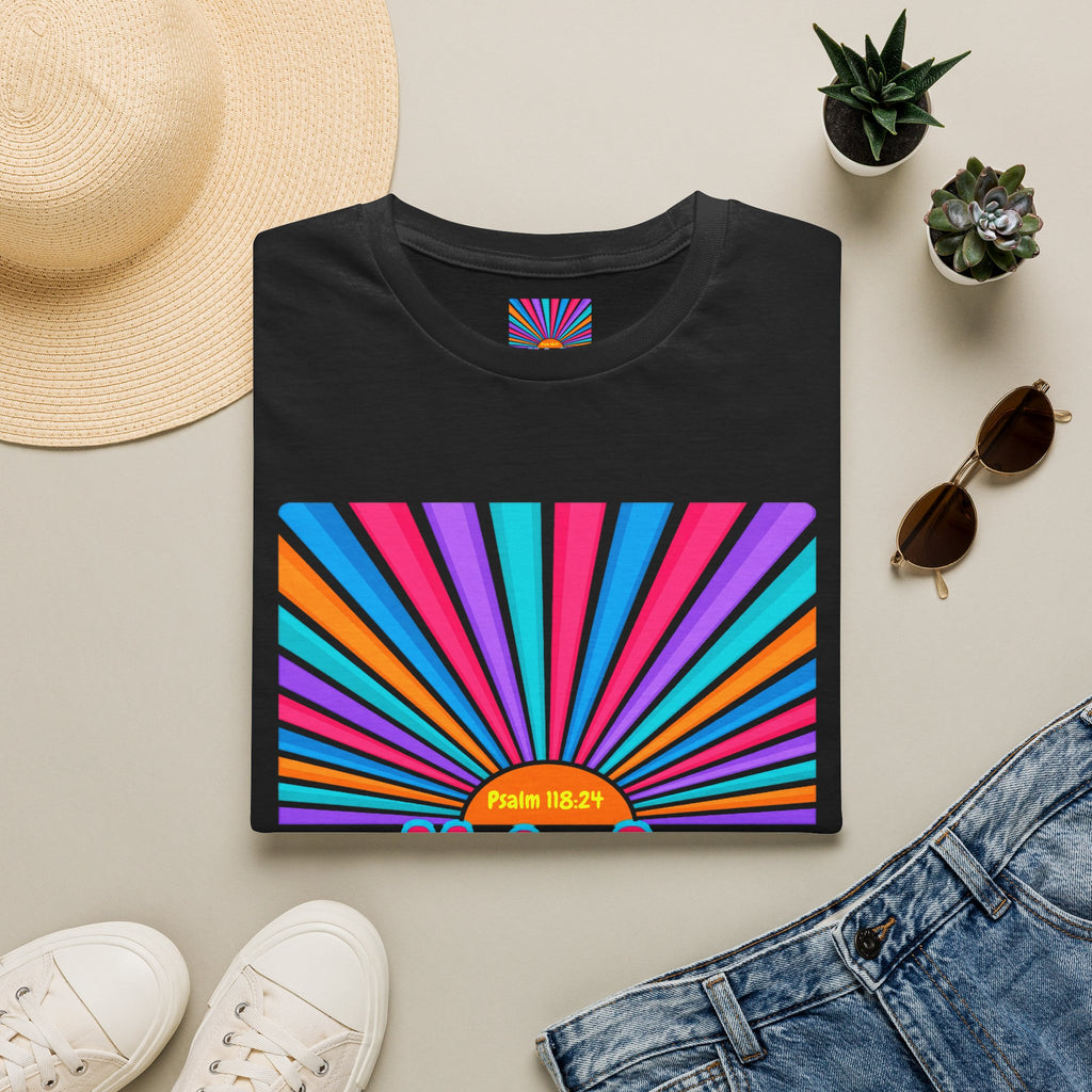 Walkin' On Sunshine Lords Glory with Lori Psalm 118:24 Retro T-Shirt — 70s Rainbow Sun Graphic Tee