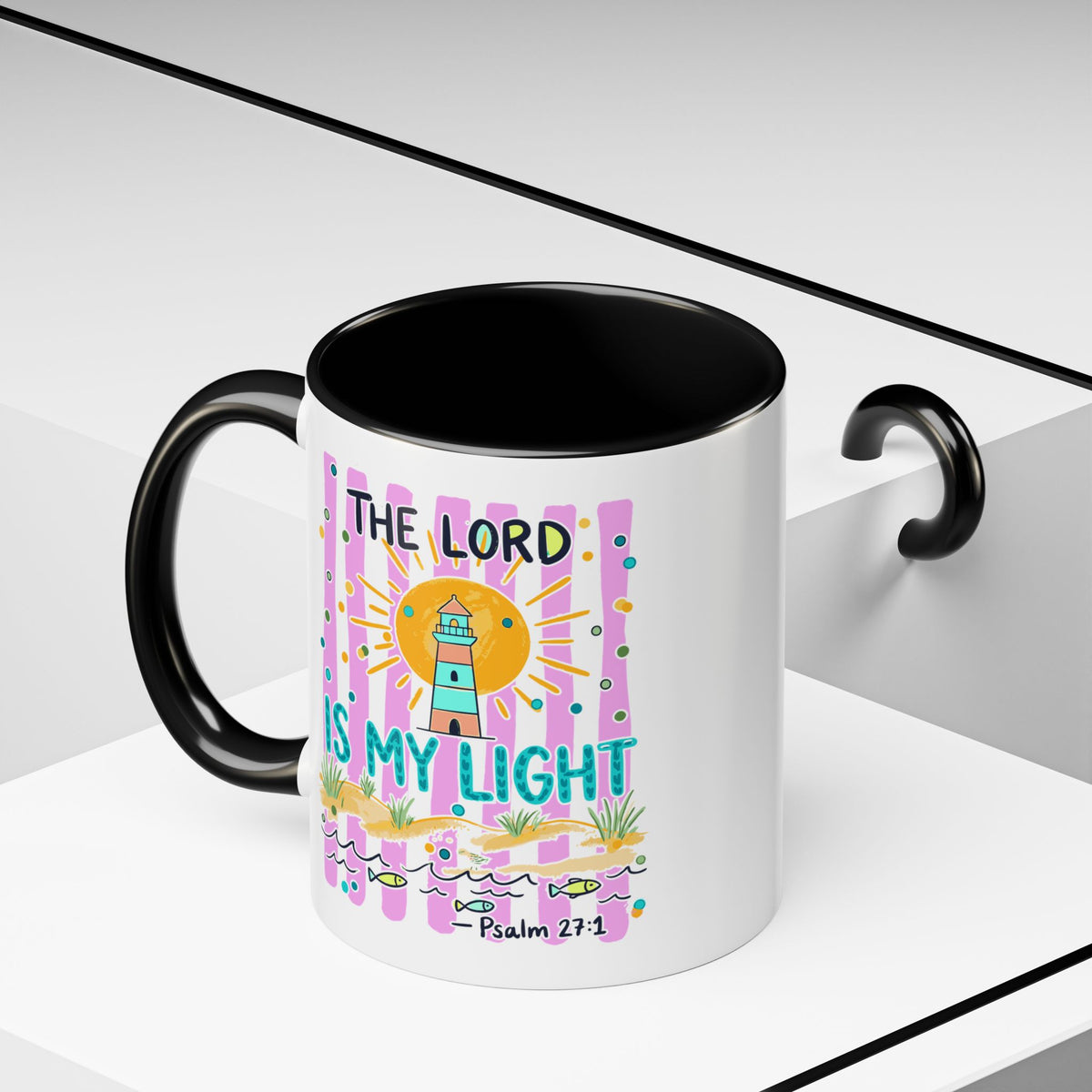 Christian Coffee Mug - "The Lord Is My Light" Lighthouse Psalm 27:1 Accent Mug