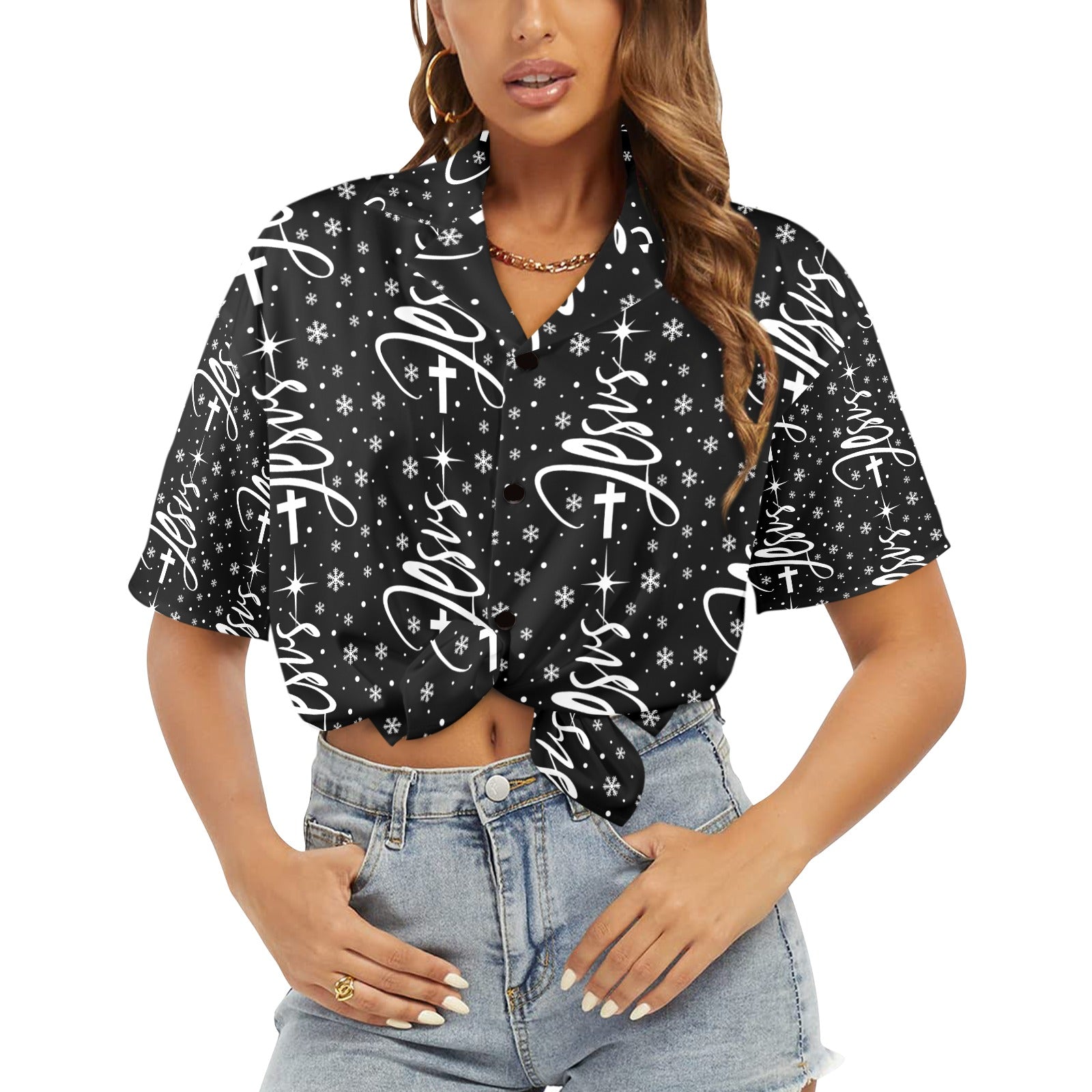 Women's All Over Print Christmas Jesus Shirt Made in USA
