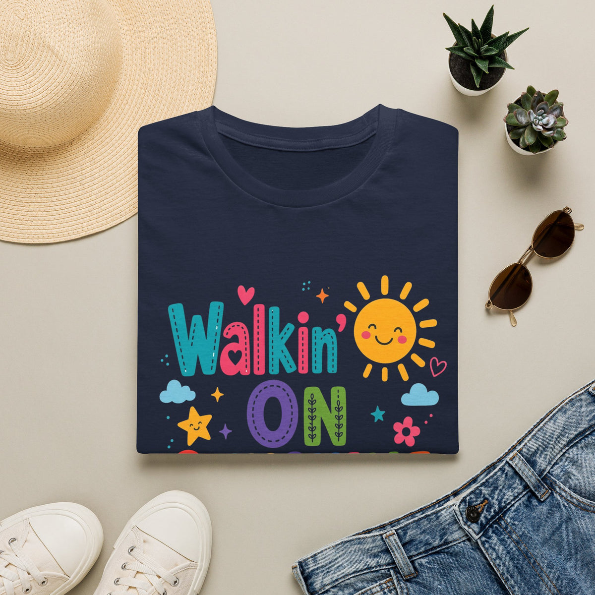 T-Shirt — "Walkin' on Sunshine" Bright Retro Sun Graphic Tee ‭‭Psalms‬ ‭118‬:‭24‬ ‭
