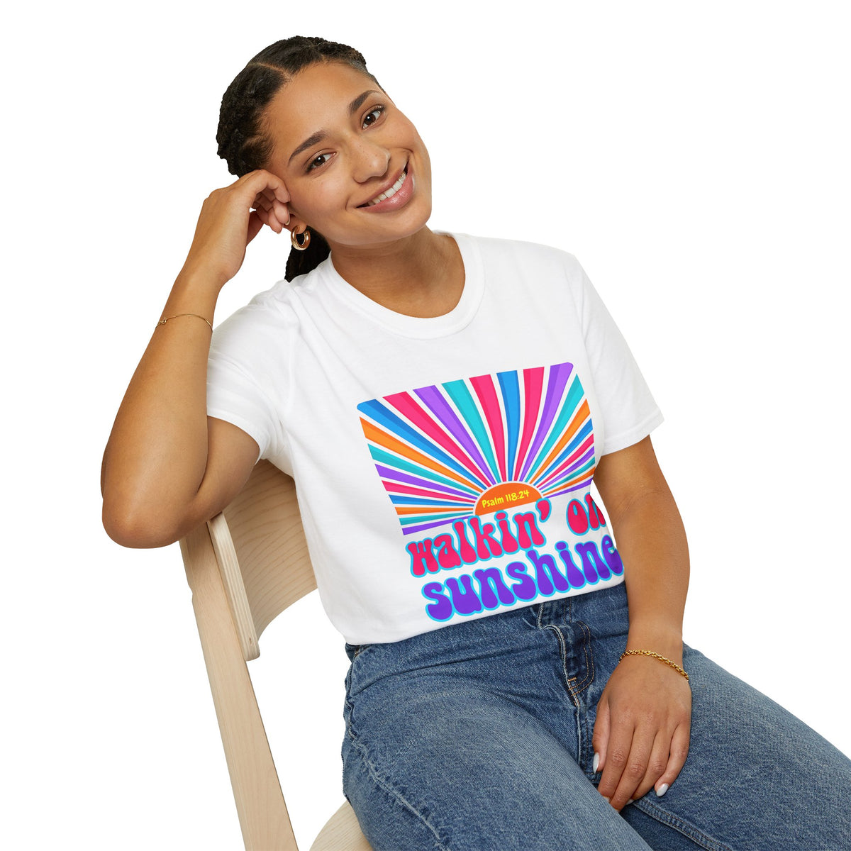 Walkin' On Sunshine Lords Glory with Lori Psalm 118:24 Retro T-Shirt — 70s Rainbow Sun Graphic Tee