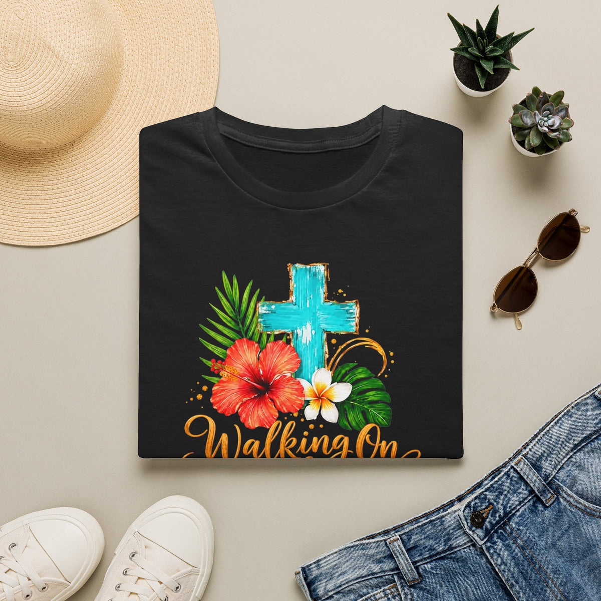 Walking on Sunshine & Jesus Floral Cross T-Shirt