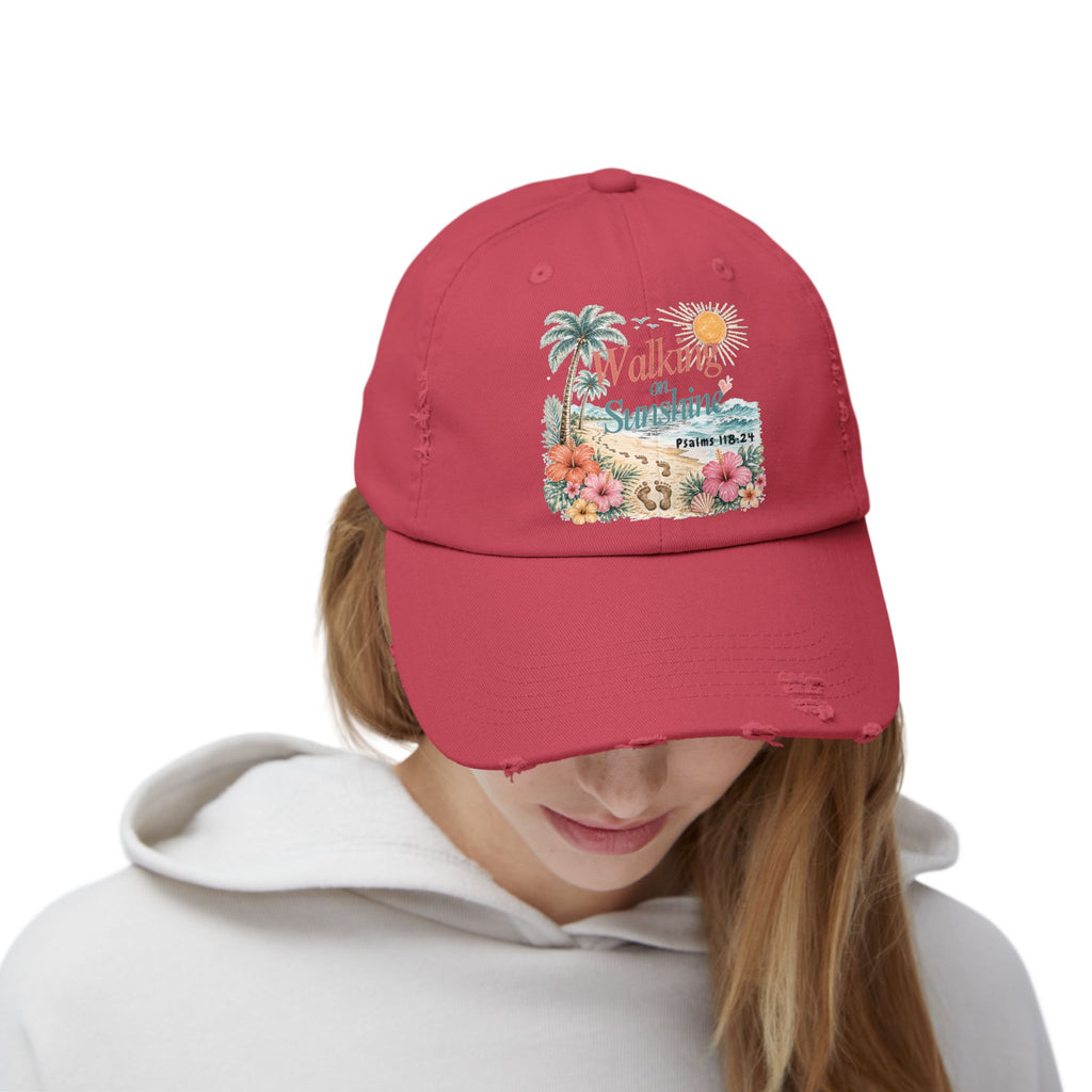 Distressed Cap — "Walk on Sunshine" Tropical Beach Baseball Hat Psalms 118:24