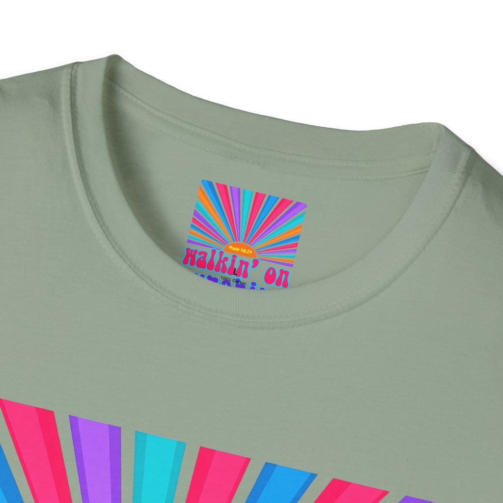 Walkin' On Sunshine Lords Glory with Lori Psalm 118:24 Retro T-Shirt — 70s Rainbow Sun Graphic Tee