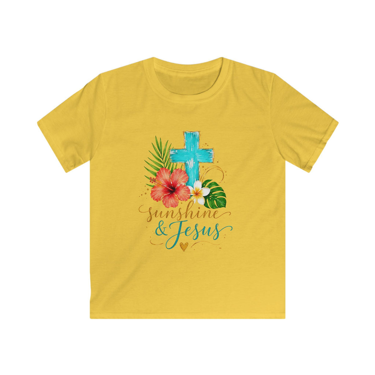 Kids Tee — Sunshine & Jesus Floral Cross Christian Graphic