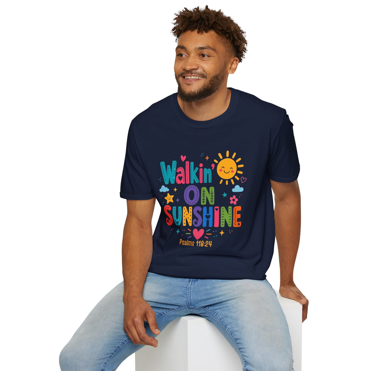 T-Shirt — "Walkin' on Sunshine" Bright Retro Sun Graphic Tee ‭‭Psalms‬ ‭118‬:‭24‬ ‭