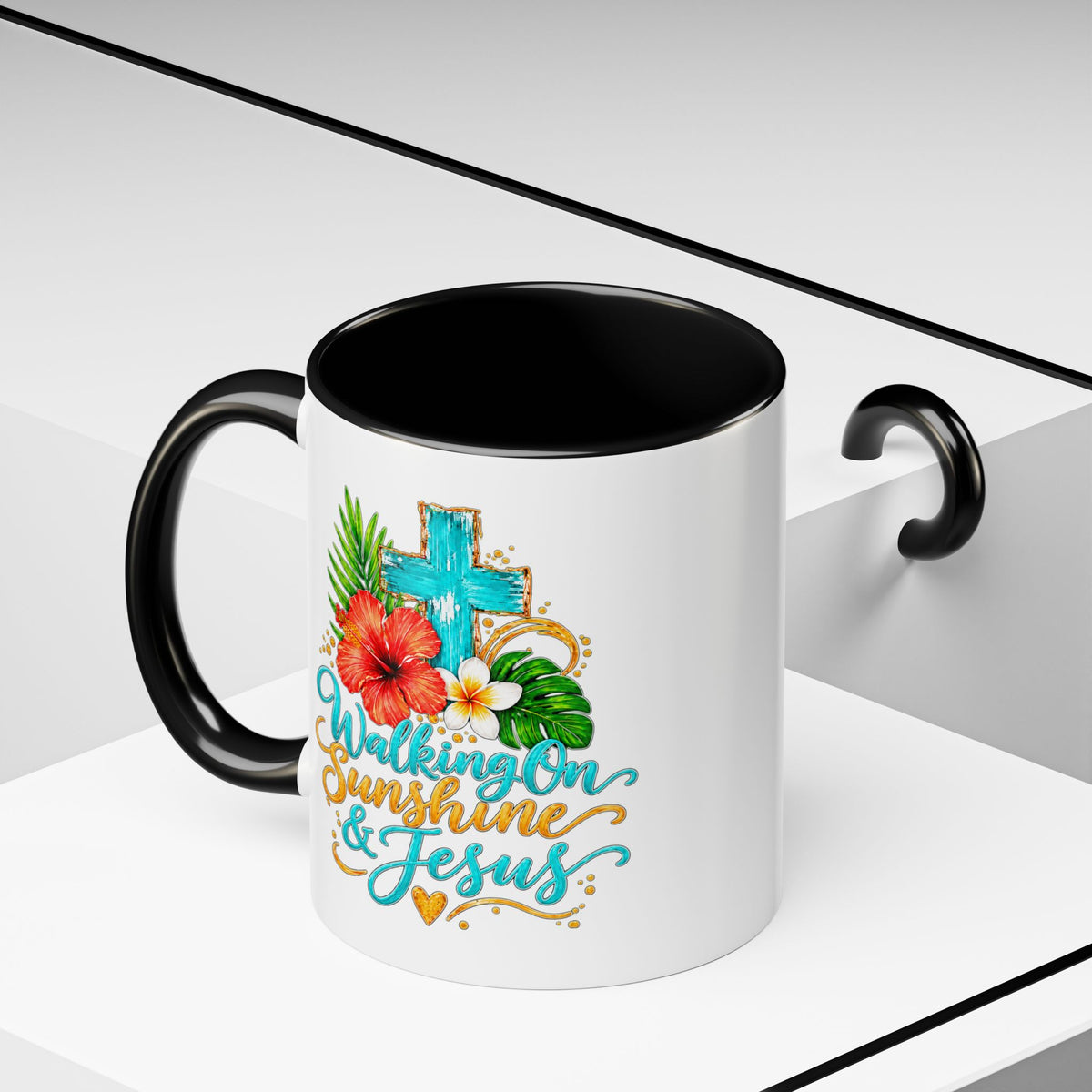 Walking on Sunshine & Jesus Coffee Mug – Floral Cross Accent Mug