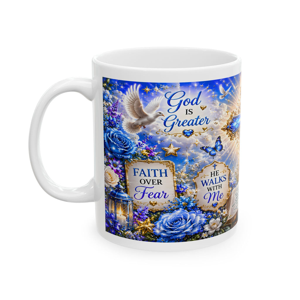 Blue Christian Cross Ceramic Mug with Bible and Floral Design