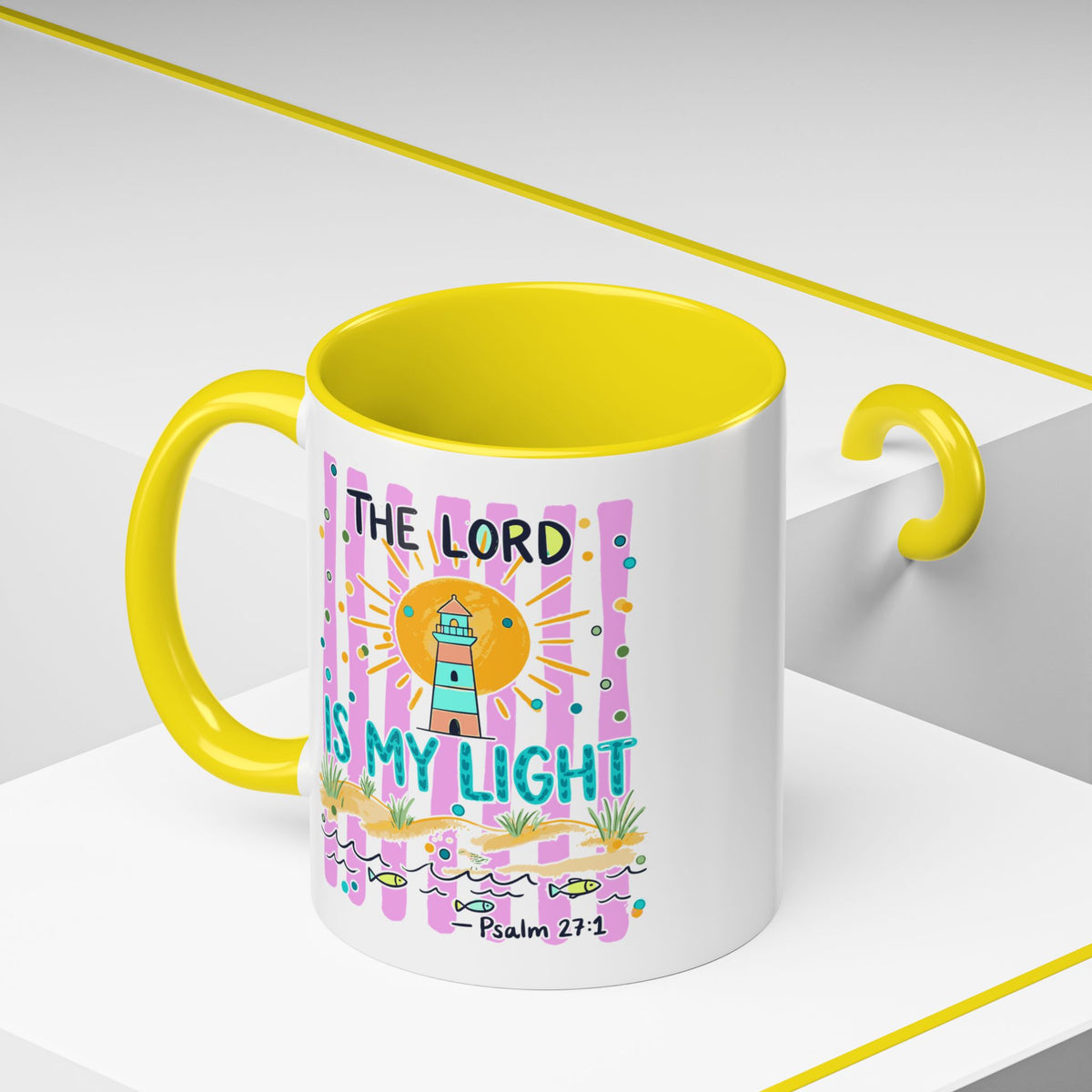 Christian Coffee Mug - "The Lord Is My Light" Lighthouse Psalm 27:1 Accent Mug