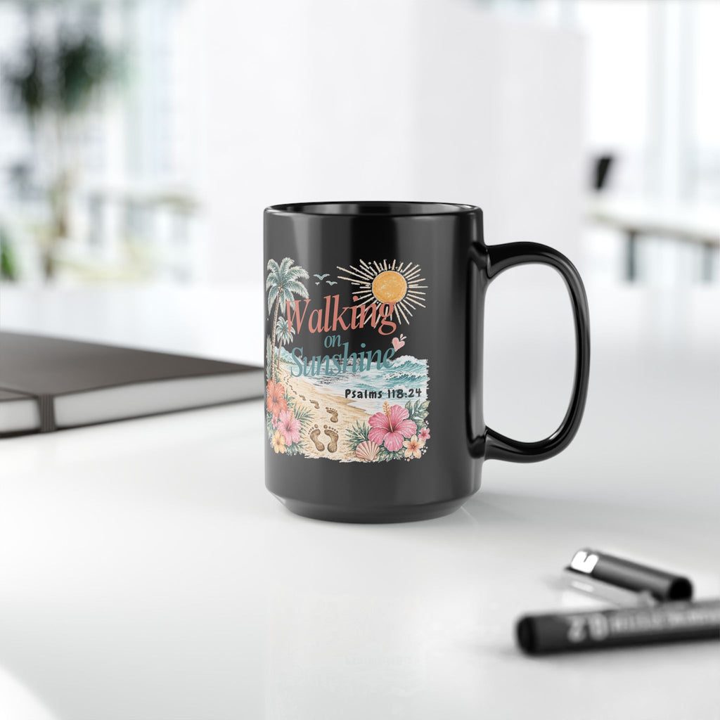 Walking on Sunshine Black Mug — Inspirational Palm Beach Coffee Cup (Psalm 118:24)