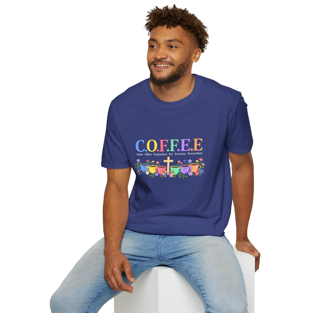 Coffee Lover Floral Graphic - C.o.f.f.e.e. (Christ - Offers - Forgiveness - For Everyone - Everywhere)  Softstyle T-Shirt