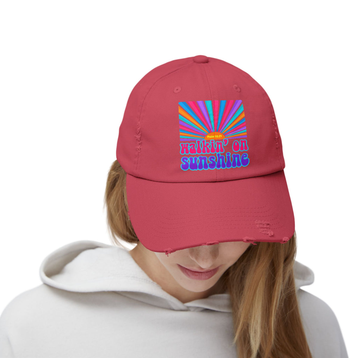 Walking On Sunshine Distressed Cap — Lords Glory with Lori Retro Rainbow Sun Trucker Hat