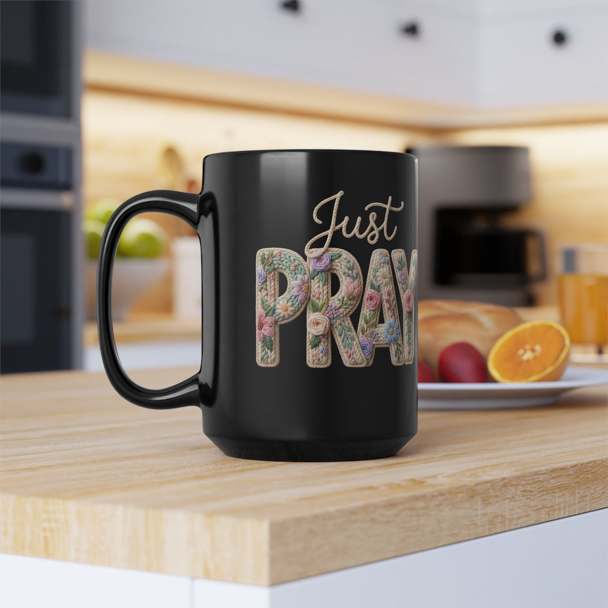 Just Pray floral typography Mug | Black coffee cup