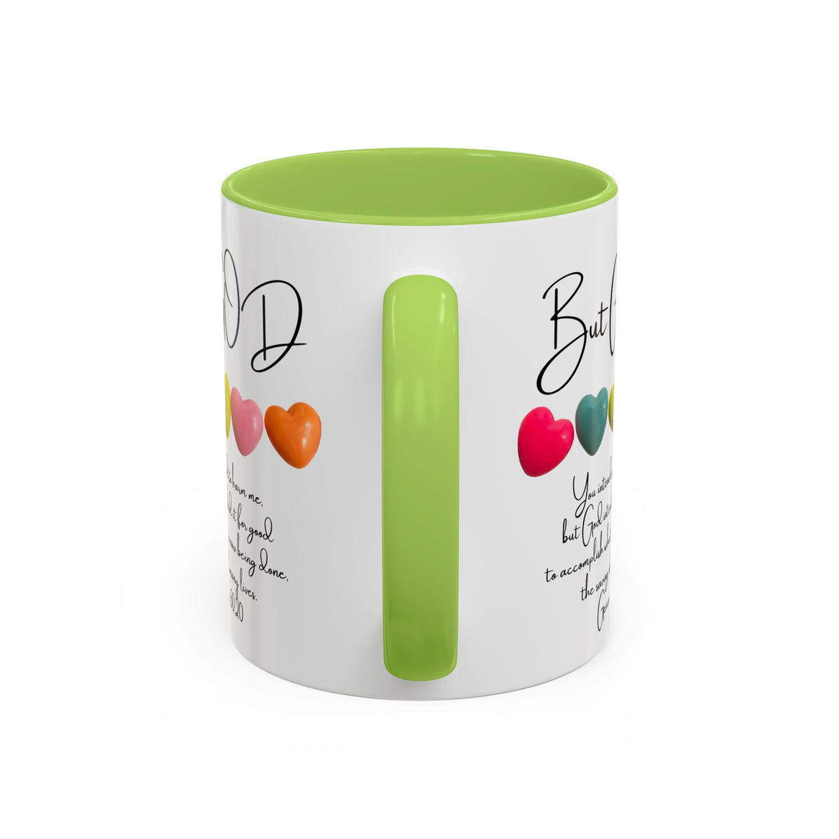 But God Scripture Coffee Mug — Genesis 50:20 Inspirational Heart Accent Mug (11/15oz)