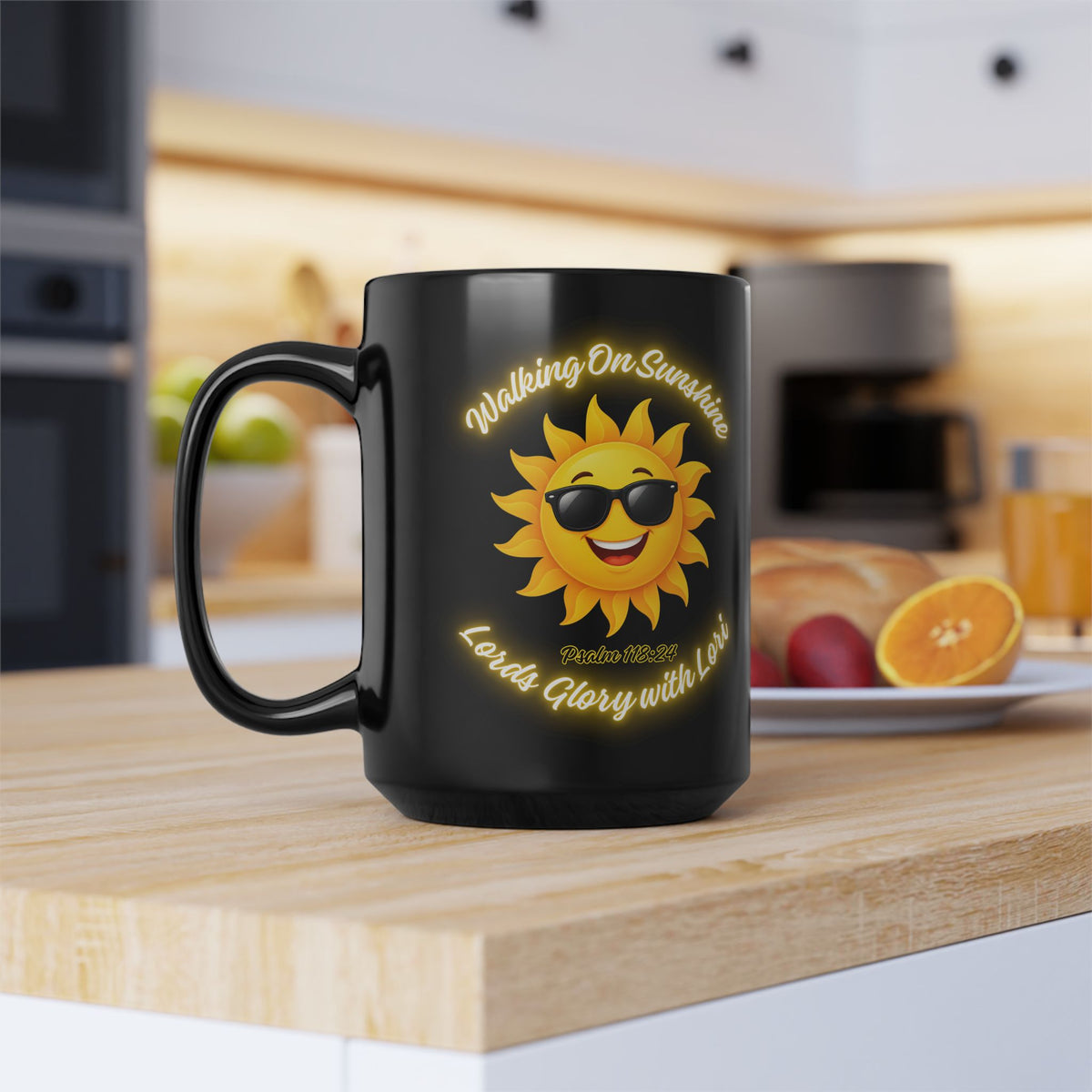Walking On Sunshine Black Mug — Sunny Smiley Sun with Sunglasses, "Loved Glory with Love" Coffee Cup (11oz/15oz)