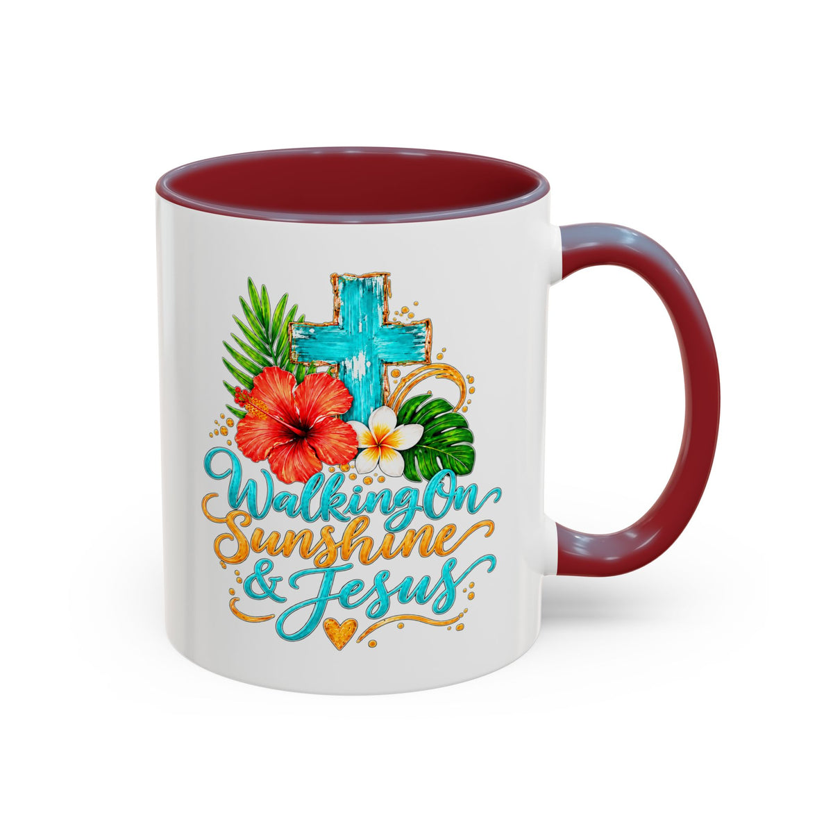 Walking on Sunshine & Jesus Coffee Mug – Floral Cross Accent Mug