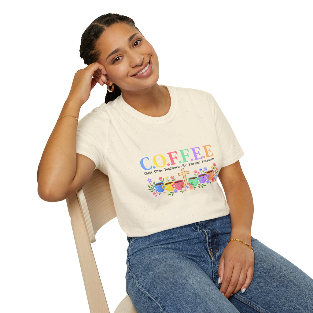 Coffee Lover Floral Graphic - C.o.f.f.e.e. (Christ - Offers - Forgiveness - For Everyone - Everywhere)  Softstyle T-Shirt