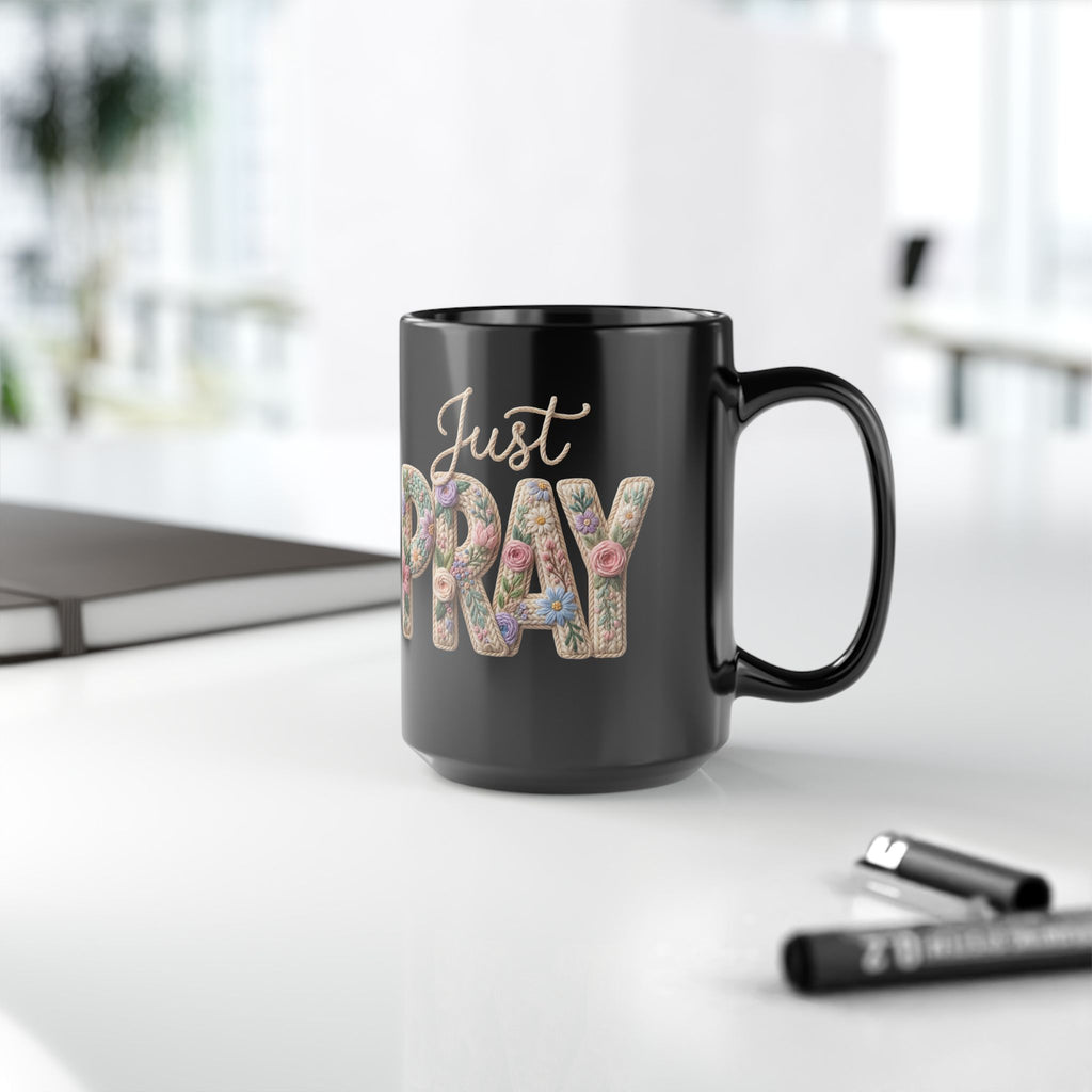 Just Pray floral typography Mug | Black coffee cup